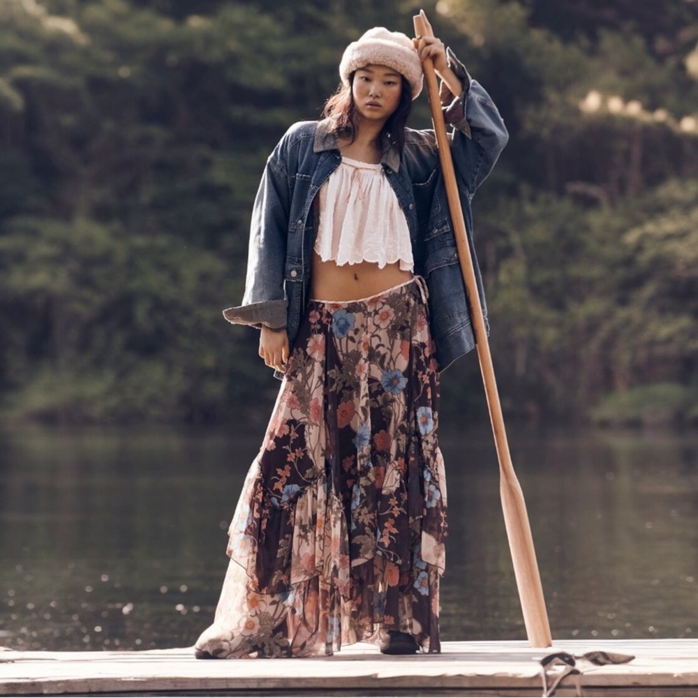 NWT Free People Palermo Villa Flowy Brown Floral Ruffle Tiered Maxi Skirt Boho 2